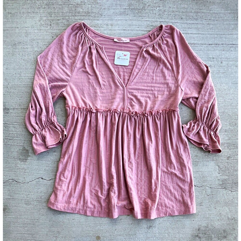 Striped Babydoll Tunic Blouse Womens Small Pink Knit Ruffle Coquette Boho Chic